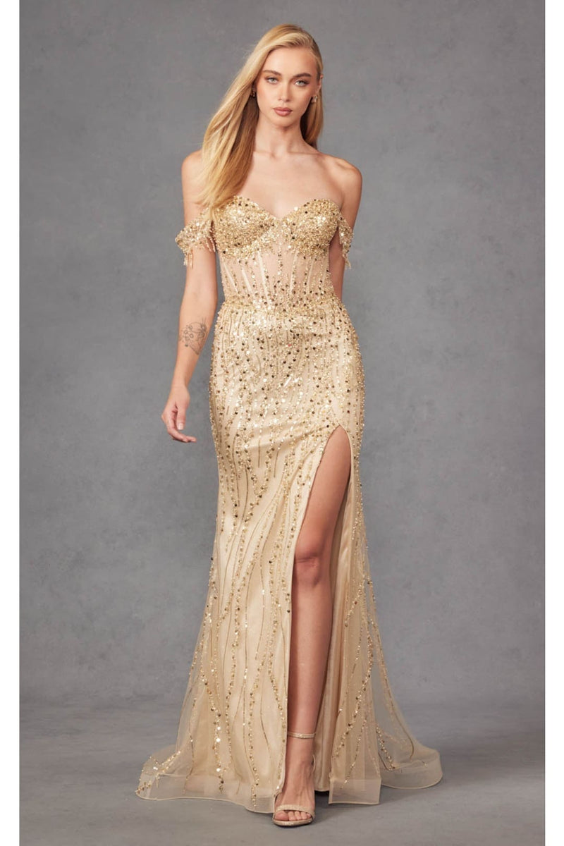 Beaded Fringe Sleeve Prom Gown by Juliet JT2471L
