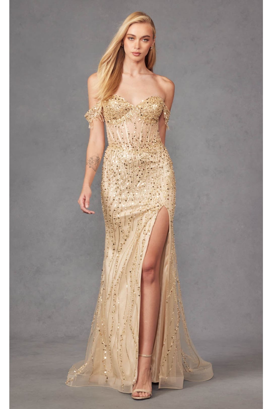 Beaded Fringe Sleeve Prom Gown by Juliet JT2471L