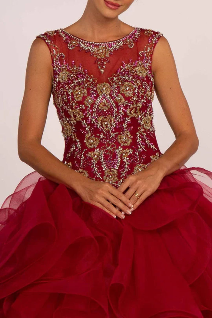 Beaded Illusion Ball Gown With Ruffled Skirt by Elizabeth KGL2511