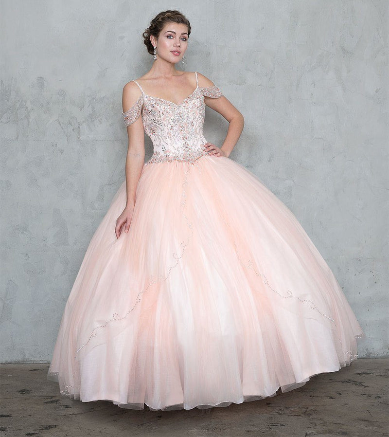 Cold-Shoulder Beaded Quinceañera Dress with A-Line Tulle Skirt by Calla Collection KY-78011
