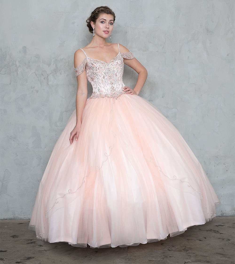 Cold-Shoulder Beaded Quinceañera Dress with A-Line Tulle Skirt by Calla Collection KY-78011