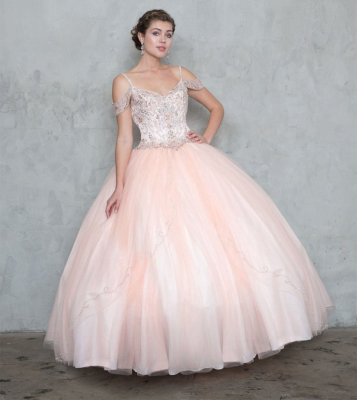 Cold-Shoulder Beaded Quinceañera Dress with A-Line Tulle Skirt by Calla Collection KY-78011