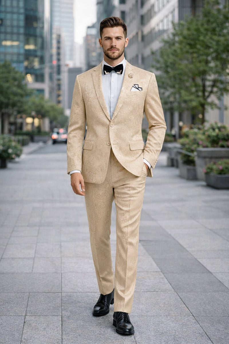 Beige Men's Slim Fit Paisley Wedding & Prom 2026 Suit - Shiny Finish