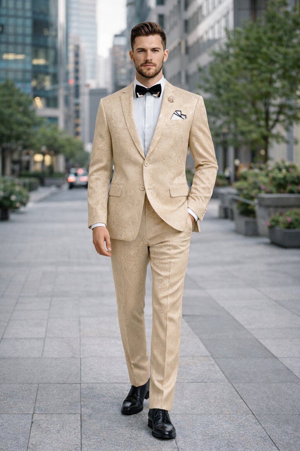 Men's Slim Fit Shiny Paisley Prom & Wedding Beige Suit