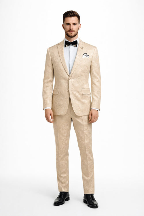Men's Slim Fit Shiny Paisley Prom & Wedding Beige Suit