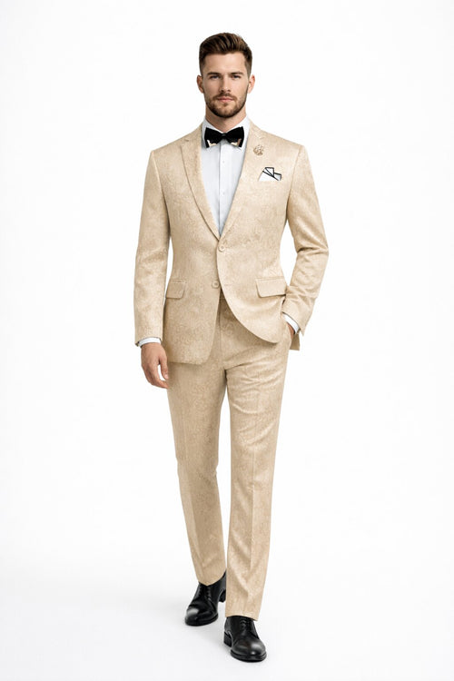 Men's Slim Fit Shiny Paisley Prom & Wedding Beige Suit