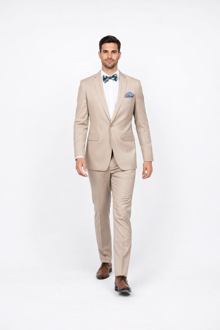 Beige Slim Fit Suit for Men by Rossiman Rossi â€“ Tailored Skinny Fit Formal Suit