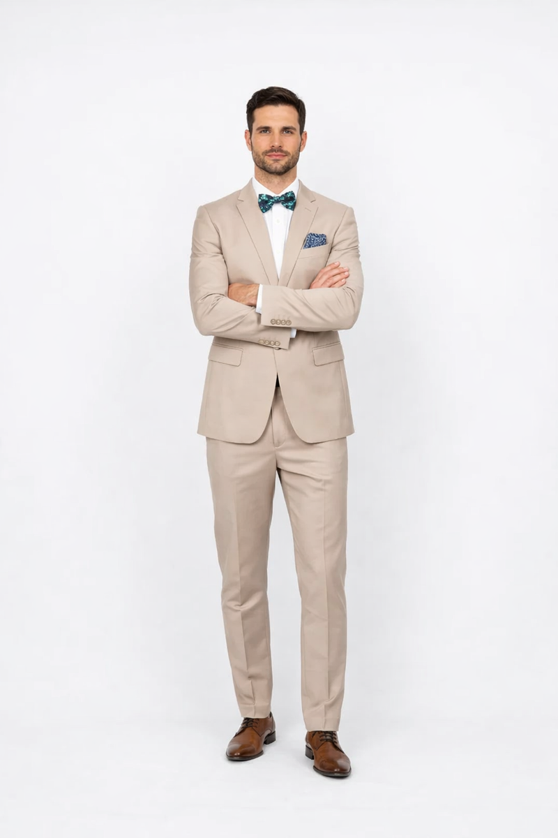 Beige Slim Fit Suit for Men by Rossiman Rossi â€“ Tailored Skinny Fit Formal Suit
