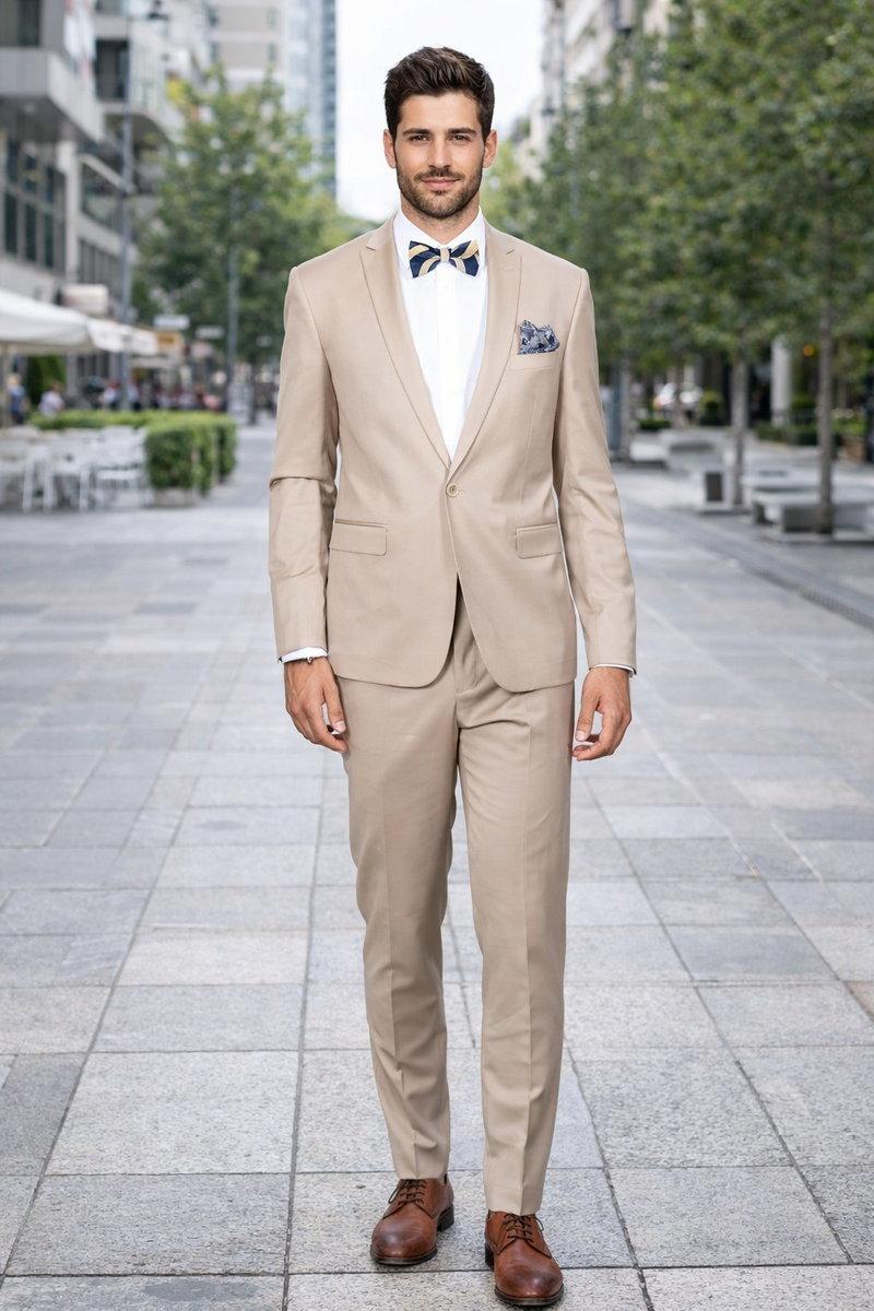 Beige Slim Fit Suit for Men by Rossiman Rossi â€“ Tailored Skinny Fit Formal Suit