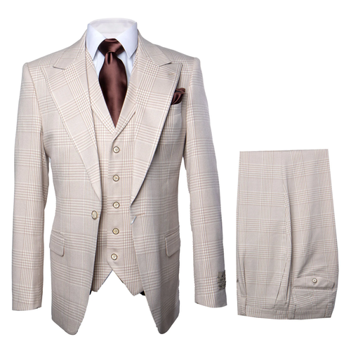 Light beige three-piece suit: subtle plaid, notched lapels, pocket square, five-button waistcoat. Baggy, pleated, wide-legged pants. Classic fit, structured design.
