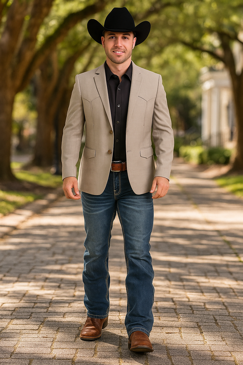 Beige men's double-button blazer. Tailored fit, structured shape, and flap pockets. Smooth fabric for a polished look. Minimalist design, no patterns.
