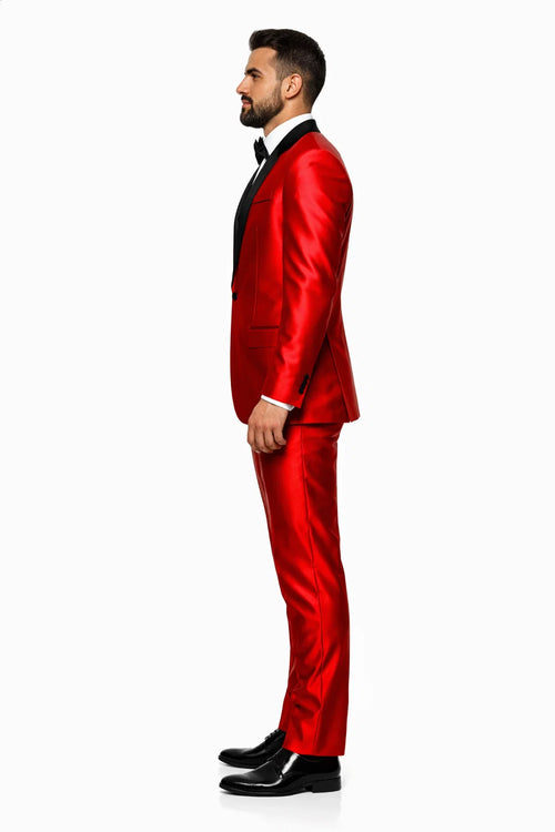 Holiday Suit - Christmas Suit - Christmas Blazer Shiny Red Tuxedo Shawl Collar Jacket & Pants Suit Prom Or Wedding Or Groom Tuxedo