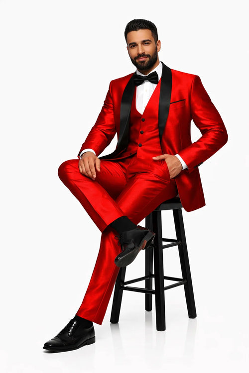 Holiday Suit - Christmas Suit - Christmas Blazer Shiny Red Tuxedo Shawl Collar Jacket & Pants Suit Prom Or Wedding Or Groom Tuxedo
