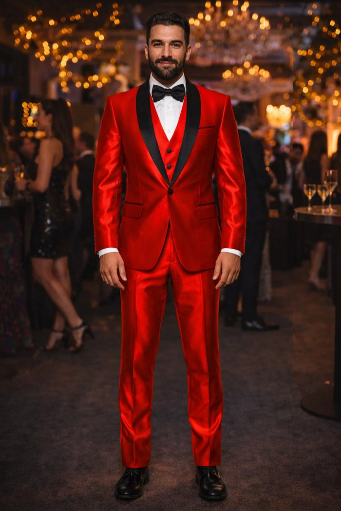 Holiday Suit - Christmas Suit - Christmas Blazer Shiny Red Tuxedo Shawl Collar Jacket & Pants Suit Prom Or Wedding Or Groom Tuxedo