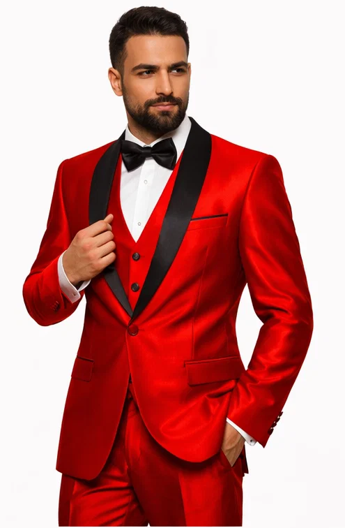 Holiday Suit - Christmas Suit - Christmas Blazer Shiny Red Tuxedo Shawl Collar Jacket & Pants Suit Prom Or Wedding Or Groom Tuxedo
