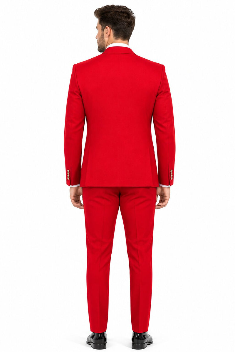 Men's Berry Statement Ticket Pocket Peak Lapel Wool Double Breasted Vest Suit with Gold Buttons – Modern Fit