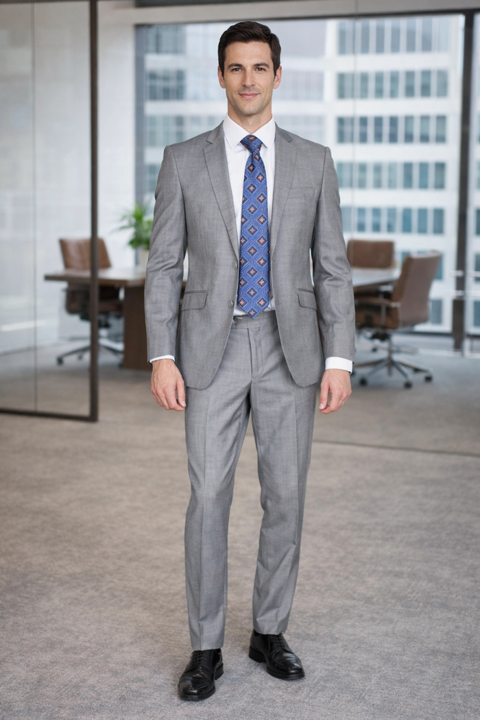 Light gray tailored two-piece suit (wool-silk) with two-button jacket, notch lapels, and flat-front trousers. Includes a white shirt, blue geometric tie.
