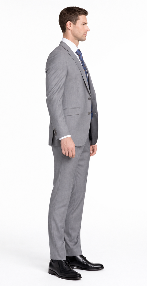 Bertolini light gray wool-silk suit. Two-button jacket, notched lapel, tailored fit. Flat-front trousers. Smooth fabric with subtle sheen. 2pc or 3pc options available.