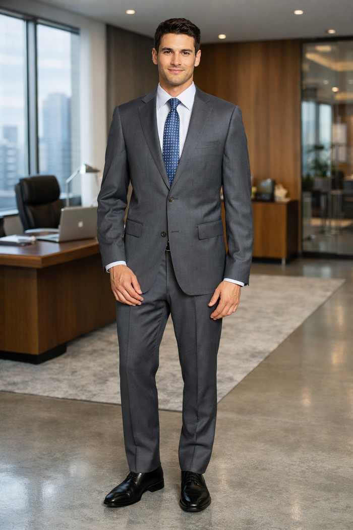 Bertolini gray suit: Wool-silk blend, tailored fit, two-button jacket, straight-leg pants. Refined, subtle texture. A classic, elegant look.
