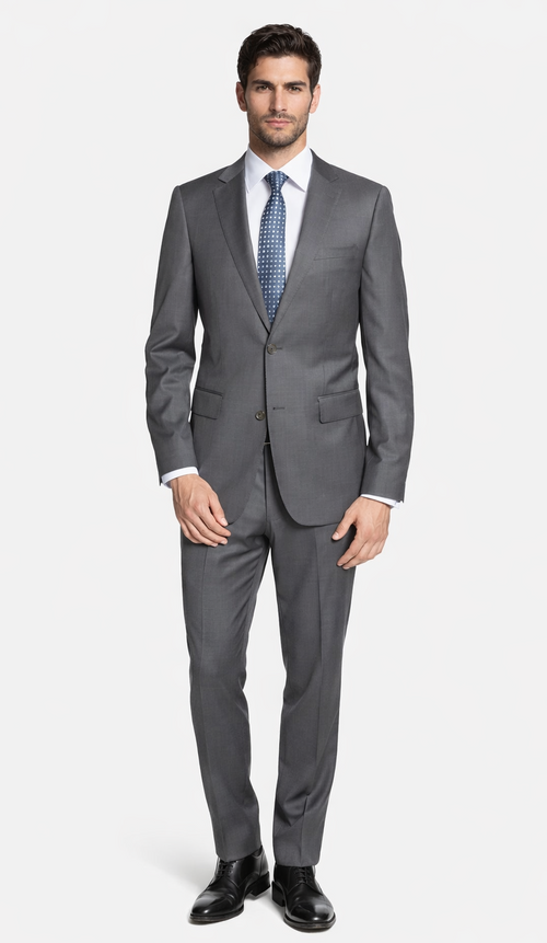 Bertolini 2pc gray suit. Wool-silk blend, tailored fit. Two-button jacket with slim lapels, two pockets. Includes trousers.