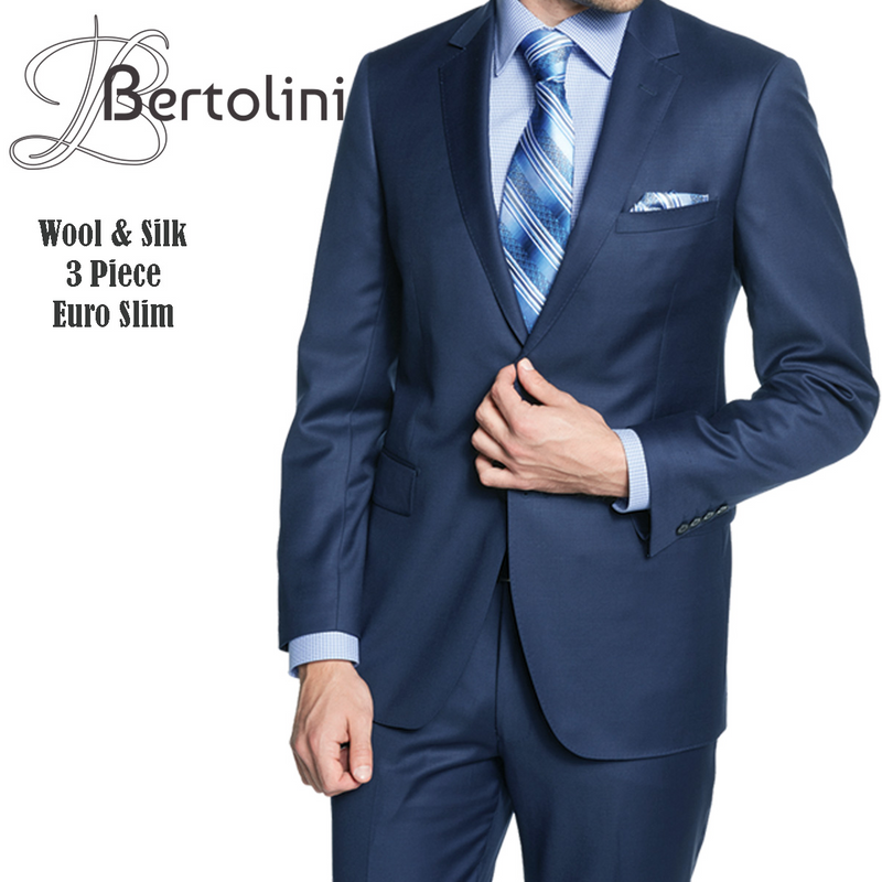 Bertolini French blue wool-silk 2pc suit. Fitted, single-breasted jacket with notched lapel and long sleeves. Smooth wool-silk blend. Matching trousers complete the cohesive design.
