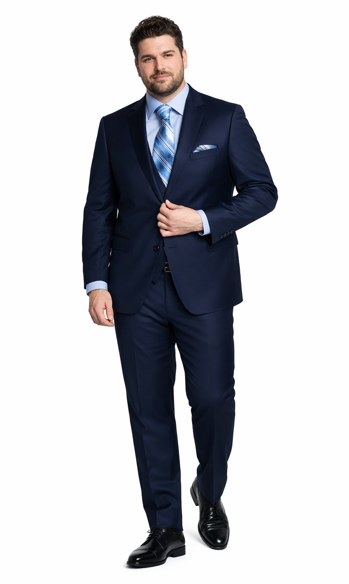 Bertolini 3-piece navy suit by Albertonardoni. Wool-silk blend, tailored fit. Fitted double-breasted blazer with notch lapels, matching vest, and straight-leg trousers. Solid dark navy color, smooth texture.