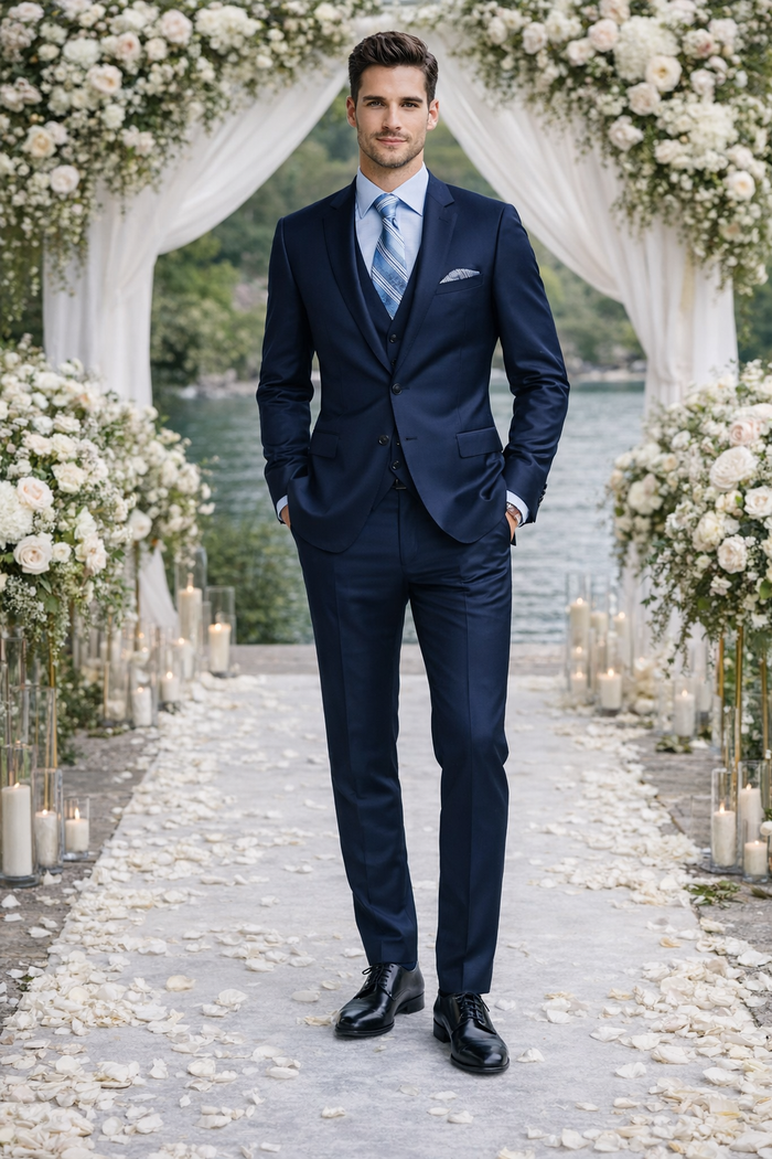 Albertonardoni Bertolini navy suit: 3-piece wool-silk blend. Fitted jacket (single-breasted, notched lapels), matching trousers, and waistcoat. Smooth texture, straight leg. Worn with light blue shirt, striped tie.