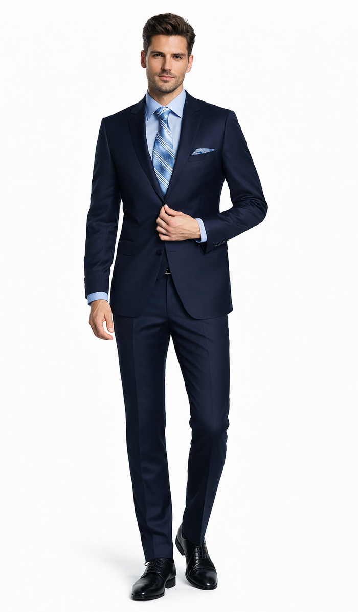 Albertonardoni Bertolini navy suit: 3-piece wool-silk blend. Tailored design includes blazer (notch lapel), slim-fit trousers, and waistcoat. Solid navy, smooth texture, and clean appearance.