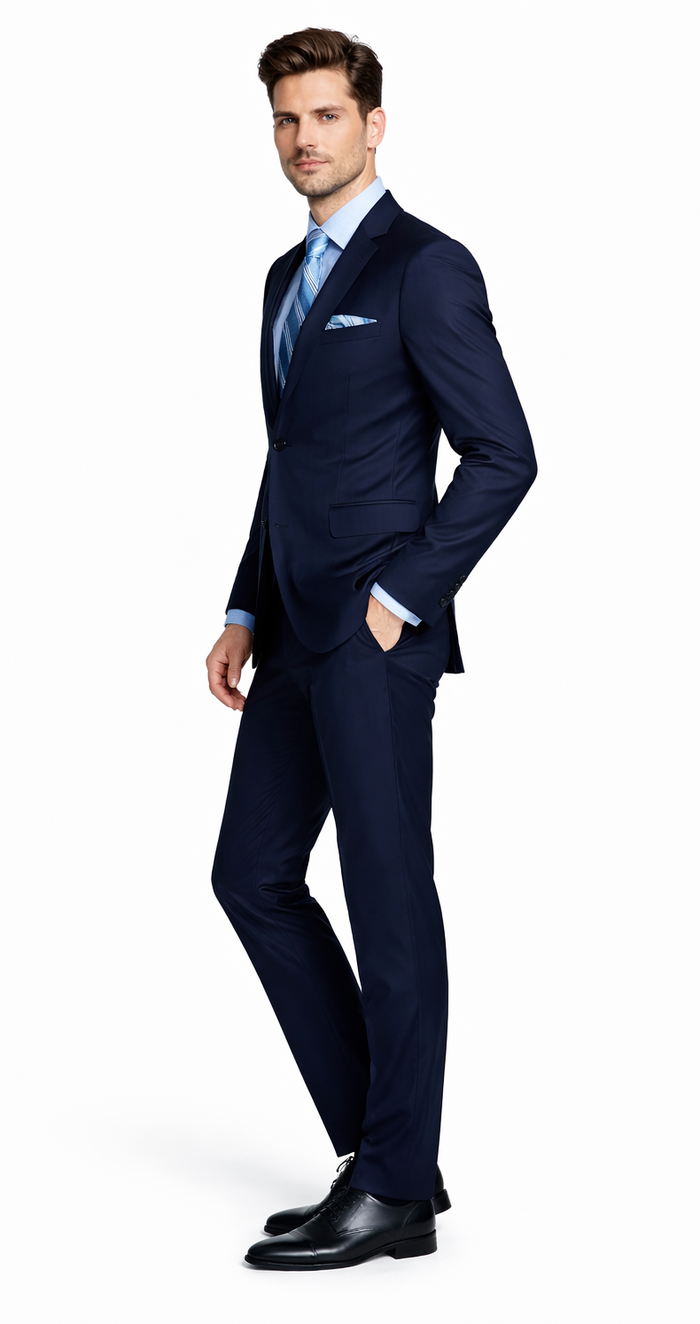 Navy three-piece suit crafted from a smooth wool-silk blend. Includes a single-breasted jacket with notched lapels, slim-fit trousers, and a matching waistcoat. Solid navy color, no patterns.
