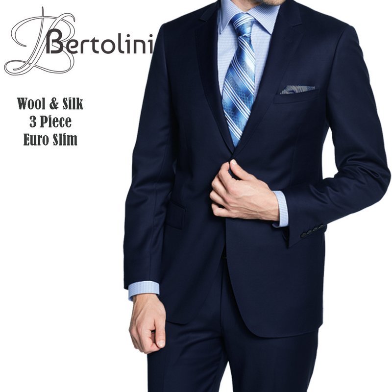 Bertolini navy wool-silk suit: Slim euro fit. Structured blazer with notched lapel, flat-front trousers, and waistcoat. Smooth wool-silk blend. Blazer has pockets. Tailored trousers.
