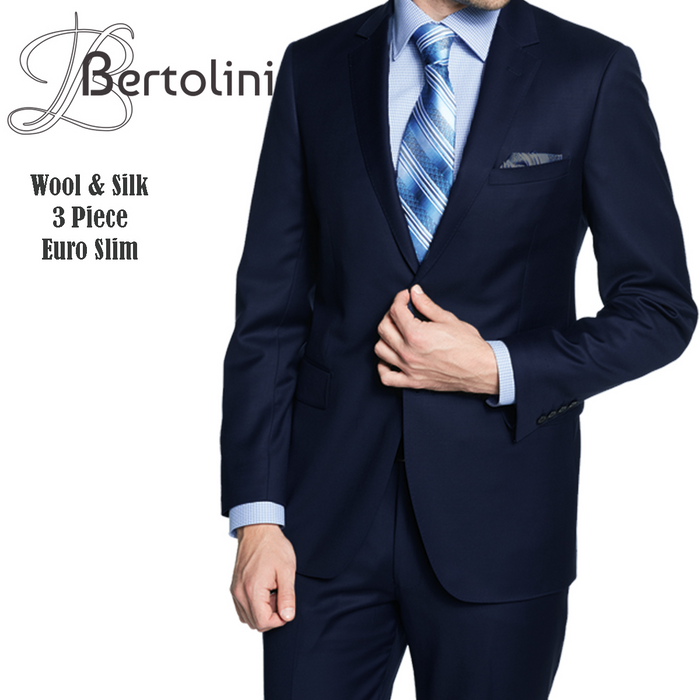 Bertolini navy wool-silk suit: Slim euro fit. Structured blazer with notched lapel, flat-front trousers, and waistcoat. Smooth wool-silk blend. Blazer has pockets. Tailored trousers.
