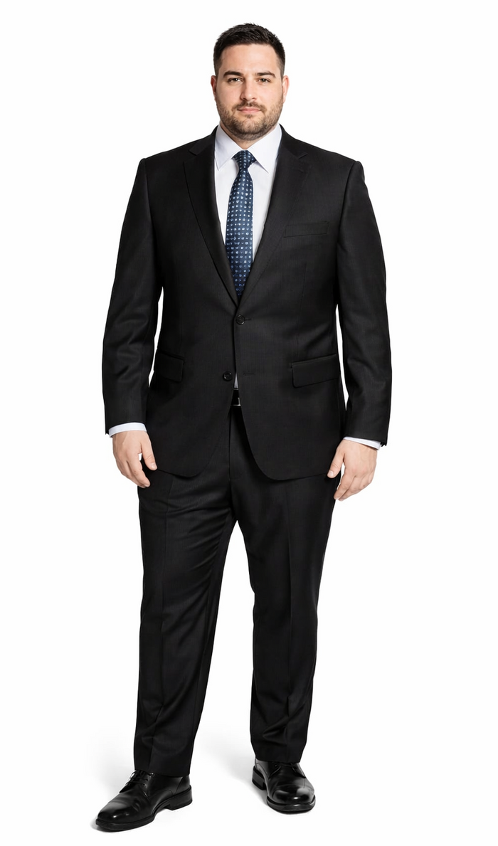 Albertonardoni Bertolini 3pc black suit: wool-silk blend, single-breasted blazer, waistcoat, trousers. Solid black, structured fit, notch lapels. Classic design. Paired with light blue shirt, patterned tie.