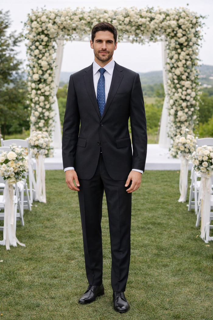 Bertolini 3pc black suit crafted from wool and silk blend. Includes fitted jacket (notched lapels, single-button closure), straight-leg trousers, and a matching vest. Tailored design for a sleek, classic look.