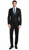 Bertolini 3pc black suit: tailored fit, wool-silk blend. Includes jacket (notch lapels, 2 buttons), trousers (straight leg), and waistcoat. Deep black color, smooth texture.