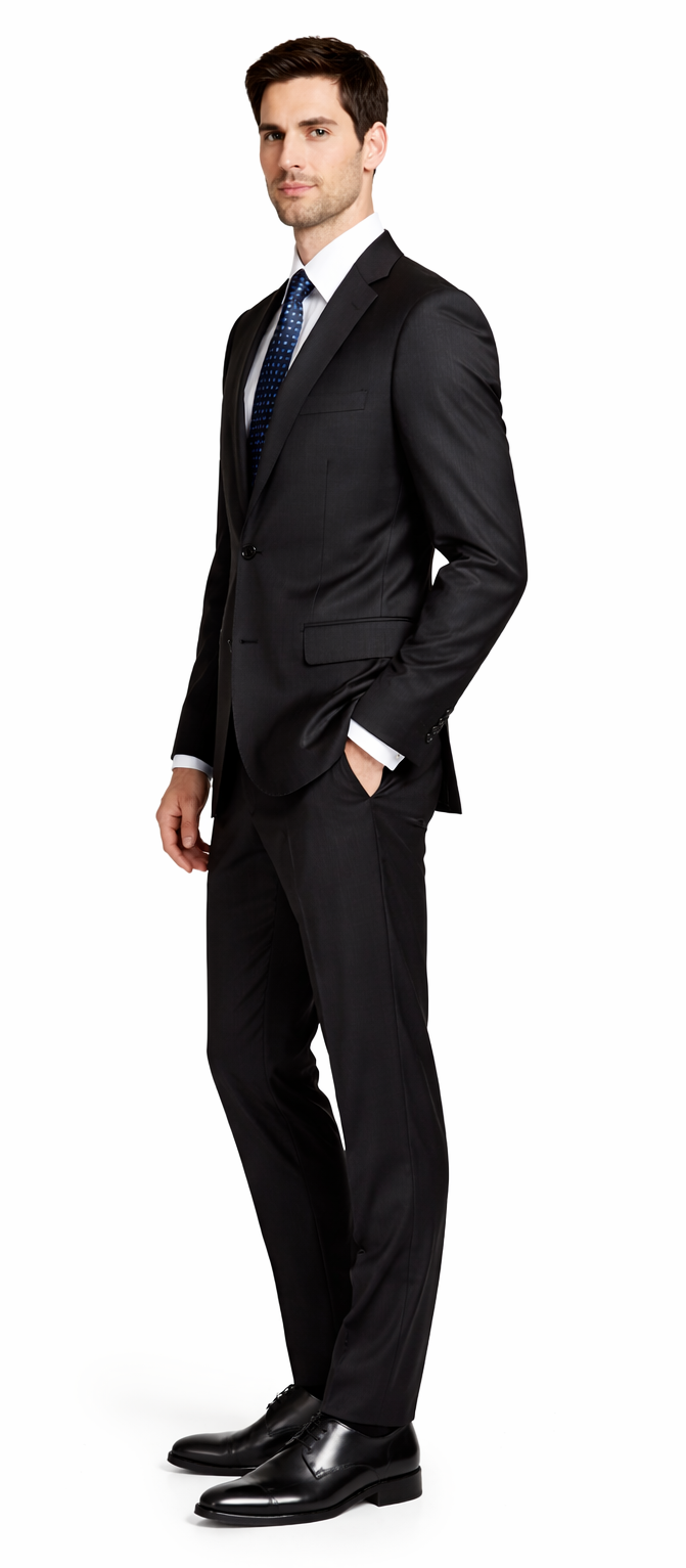 Bertolini 3-piece black wool-silk suit. Tailored fit, single-breasted jacket with contrasting lapels. Solid black, subtle sheen. Includes matching trousers. Worn with white shirt & black dress shoes for a formal, sleek look.