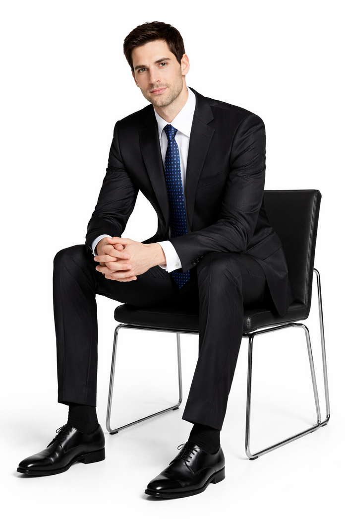 Bertolini 3pc black suit: wool-silk blend. Structured blazer (notched lapels, single-breasted), tailored trousers, matching vest. Smooth, slightly shiny fabric. Includes light shirt, blue polka-dot tie, and black leather shoes.