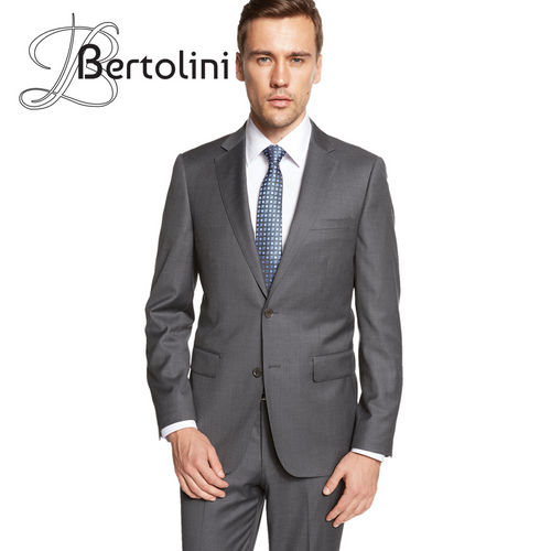 Bertolini 2pc gray suit: wool-silk blend, tailored fit. Jacket: two buttons, notched lapel, side pockets. Pants: straight leg. Smooth texture, all-gray.