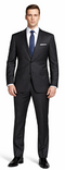 Tailored two-piece suit in wool-silk blend. Available in black or charcoal. Features a two-button jacket with notched lapel & front pockets, plus straight-leg trousers. Sleek, modern silhouette.
