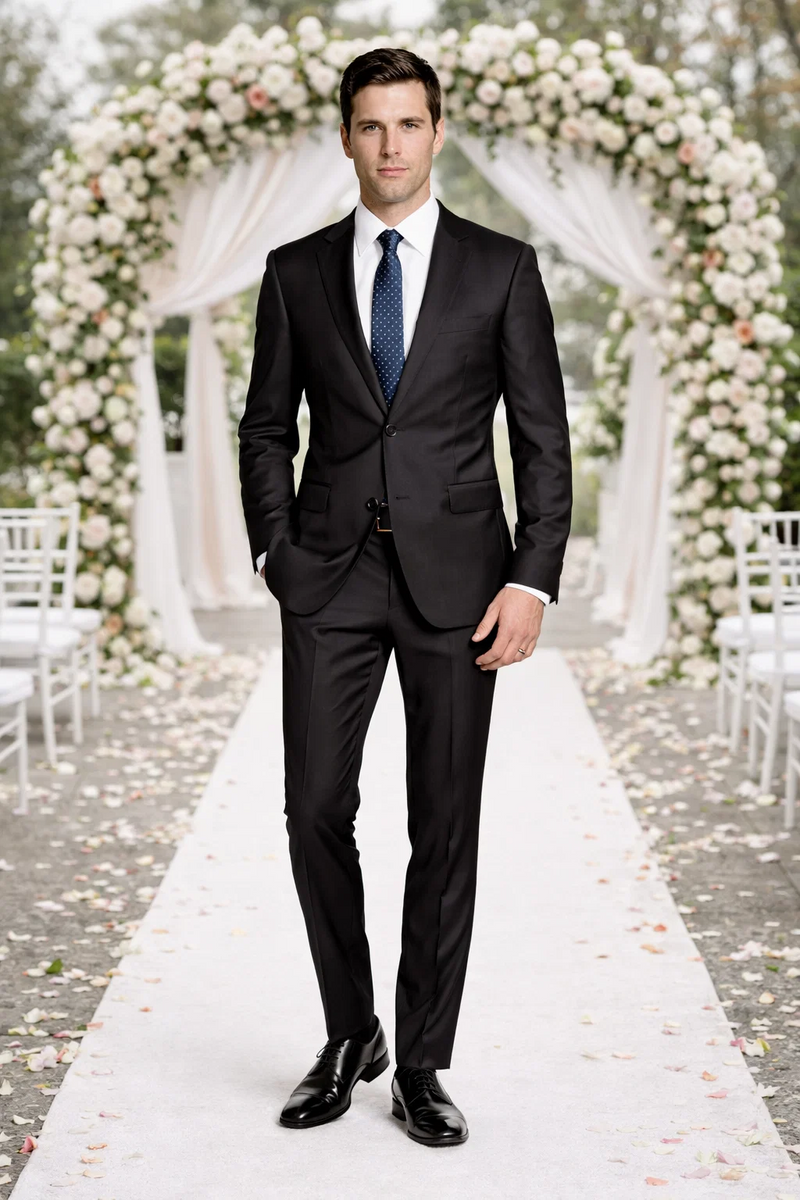 Bertolini wool-silk two-piece suit. Two-button design, black/charcoal. Tailored fit, structured jacket, slim trousers. Smooth texture, sleek silhouette. Wool/silk blend.
