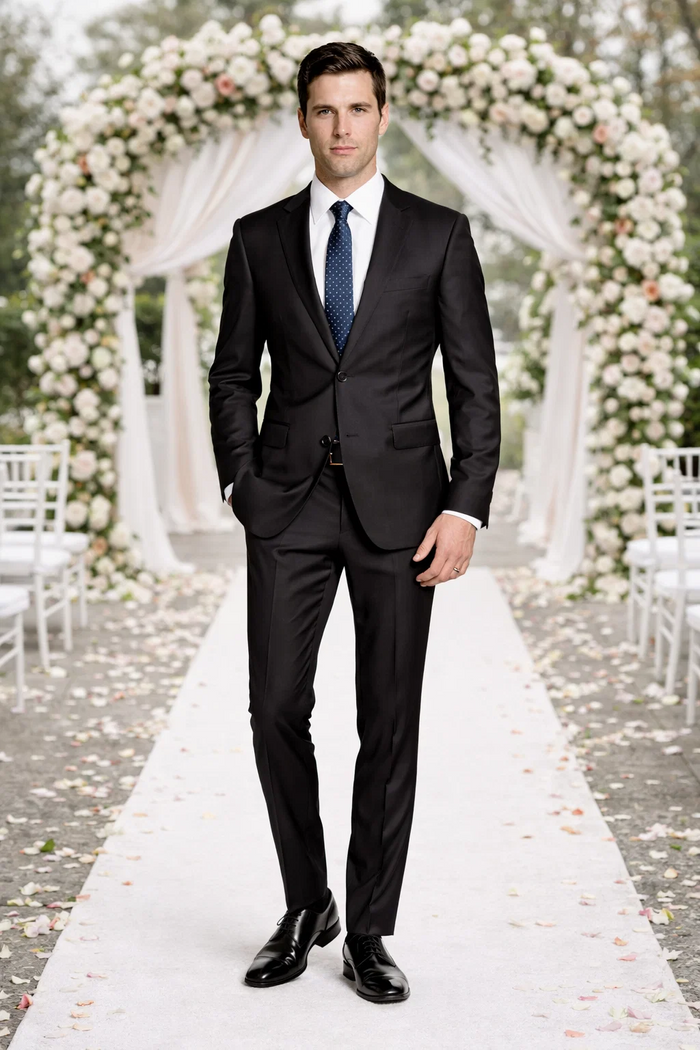 Bertolini wool-silk two-piece suit. Two-button design, black/charcoal. Tailored fit, structured jacket, slim trousers. Smooth texture, sleek silhouette. Wool/silk blend.
