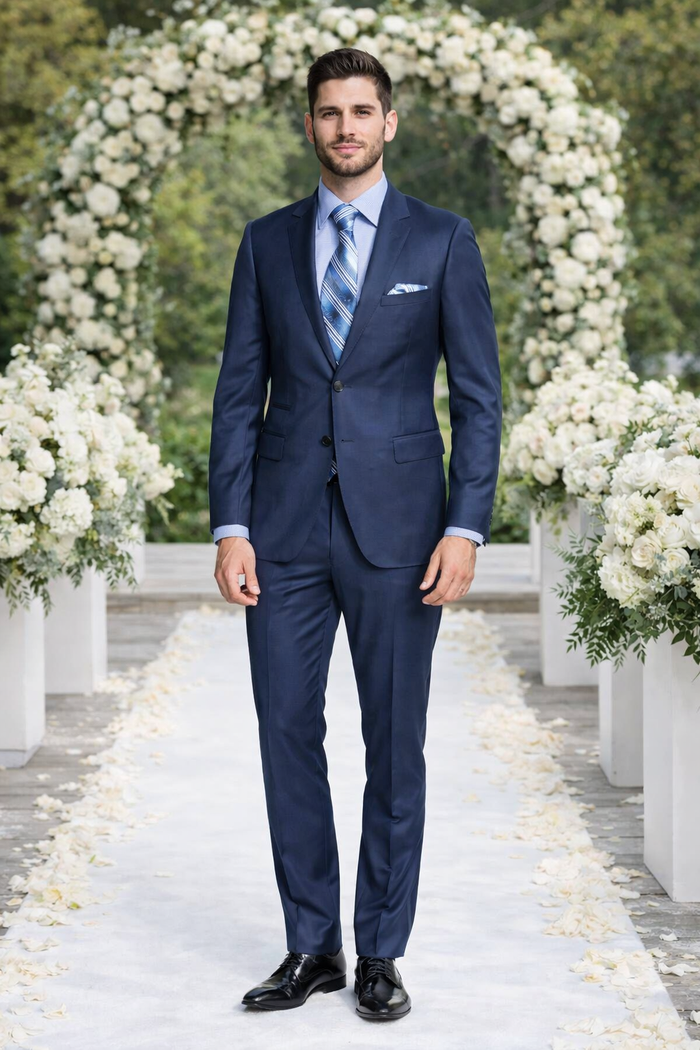 Bertolini French blue wool silk 2pc suit. Notched lapel jacket with flap pockets. Slim-fit trousers. Smooth, slightly shiny fabric. Paired with light blue shirt and patterned tie.