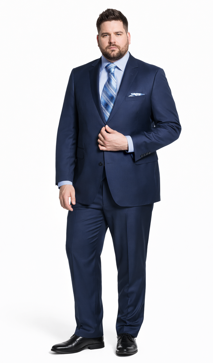 Albertonardoni's Bertolini suit: French blue, tailored 2pc. Wool-silk blend blazer with notch lapels, single-button, flap pockets. Straight-leg trousers. Sophisticated, formal style with a subtle sheen.