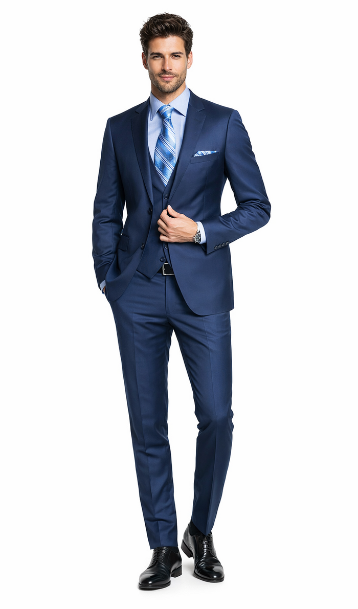 Bertolini wool-silk suit by Albertonardoni in French blue. Tailored fit, single-breasted jacket with notched lapel & chest pocket. Matching straight-cut trousers. Smooth texture, sleek & modern style.
