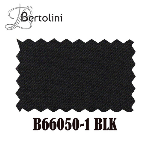 Black Bertolini suit fabric swatch. Wool-silk blend, smooth texture. Solid black color. Zigzag-cut edges, typical for fabric samples.
