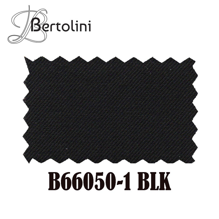 Black Bertolini suit fabric swatch. Wool-silk blend, smooth texture. Solid black color. Zigzag-cut edges, typical for fabric samples.
