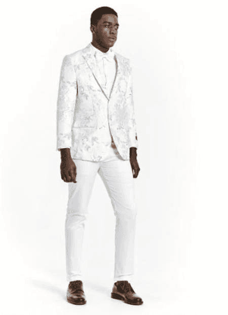 Big And Tall Suit For Men - Jacket + Pants + Bowtie + Pants - White And Silver Suit - AlbertoNardoniStore