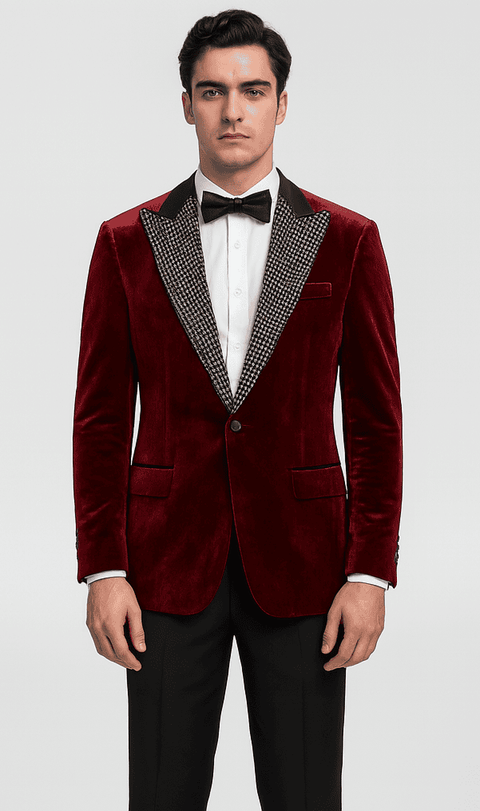 Red velvet blazer with houndstooth lapels. Big & tall fit, single button closure, and two front pockets. A bold statement piece.
