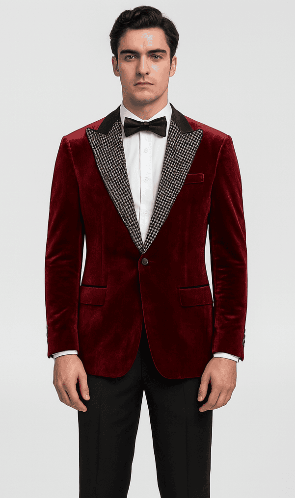 Red velvet blazer with houndstooth lapels. Big & tall fit, single button closure, and two front pockets. A bold statement piece.
