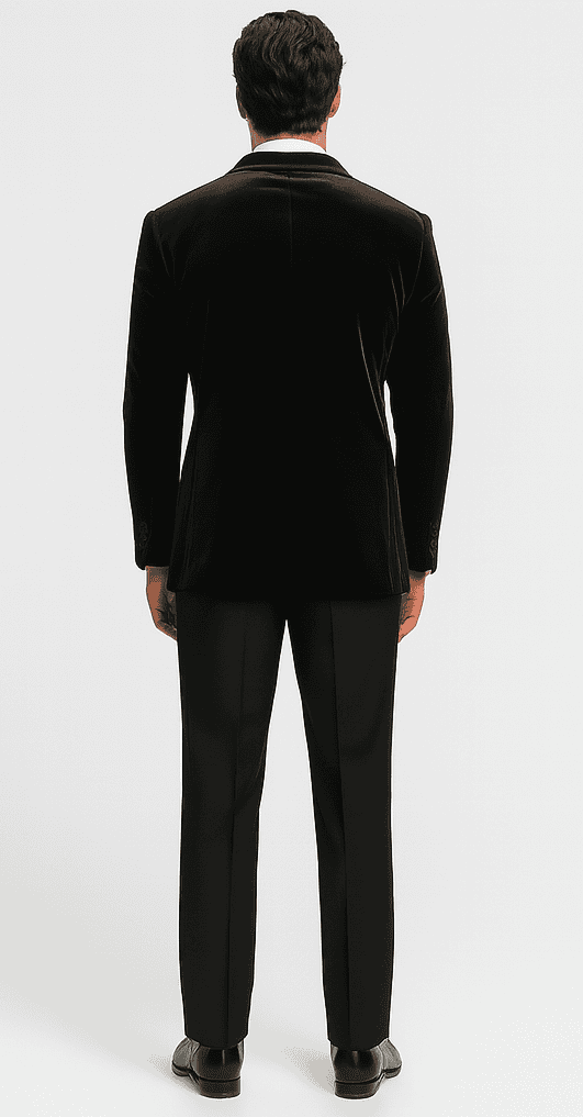 Black velvet blazer, big and tall size. Straight cut, notch lapel, and long sleeves. Soft, smooth velvet for a sleek silhouette.
