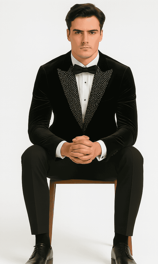 Black velvet blazer with fitted silhouette and shawl collar. Textured sequin detail adorns the lapels, contrasting with the matte fabric.
